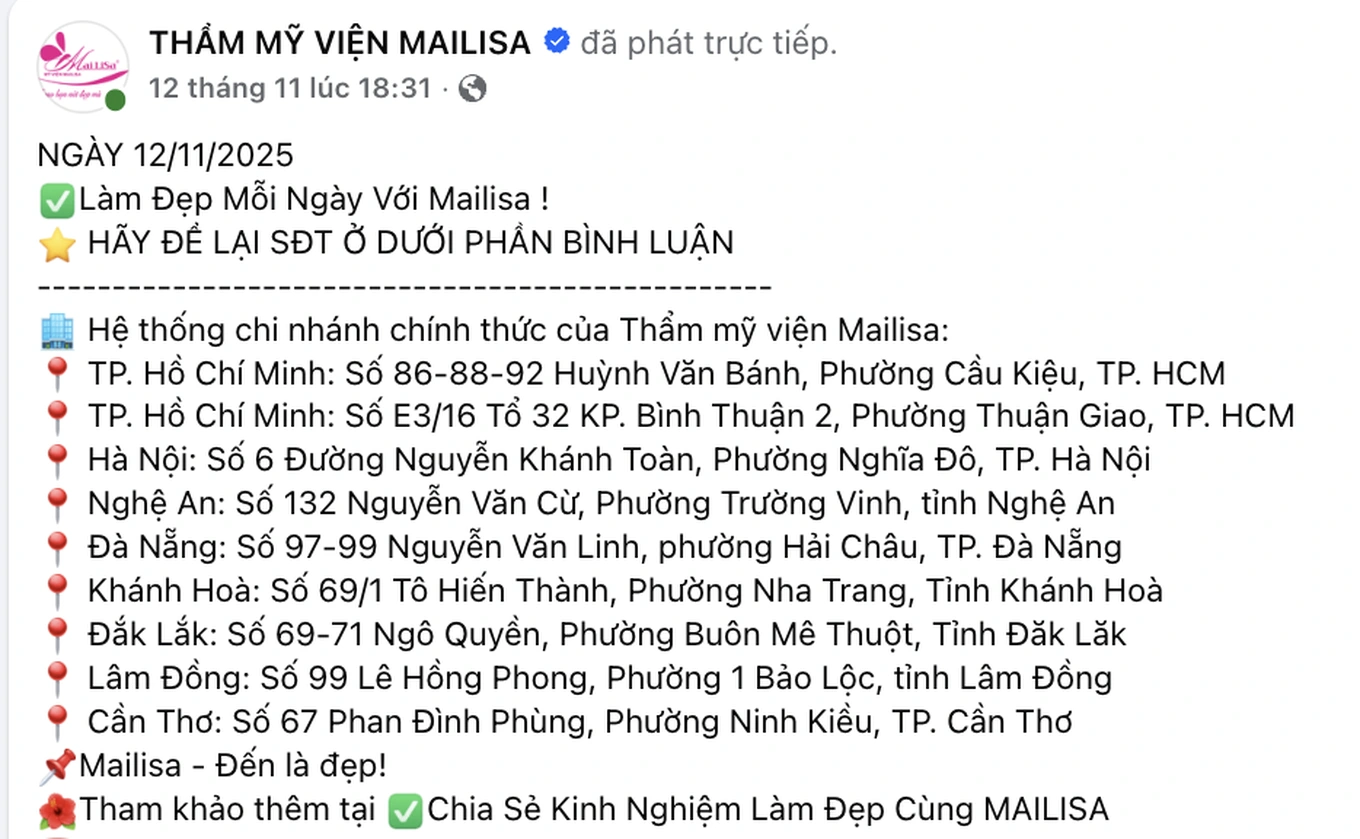 Thẩm mỹ viện Mailisa chỉ còn lại 9 chi nhánh trên cả nước (Ảnh chụp màn hình).